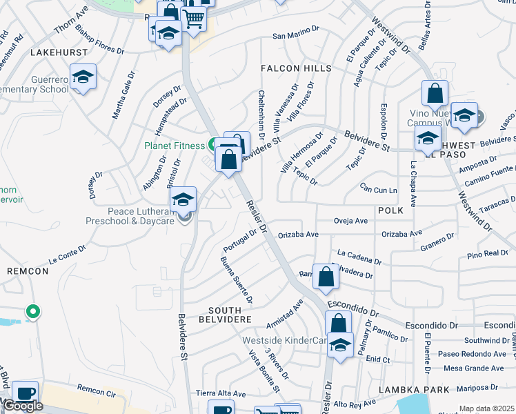 map of restaurants, bars, coffee shops, grocery stores, and more near 601 North Resler Drive in El Paso