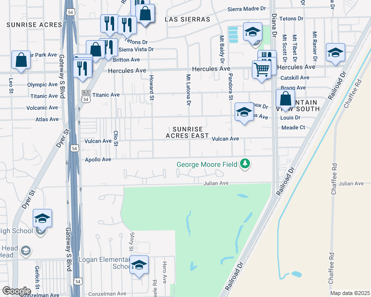 map of restaurants, bars, coffee shops, grocery stores, and more near 7611 Mount Latona Drive in El Paso