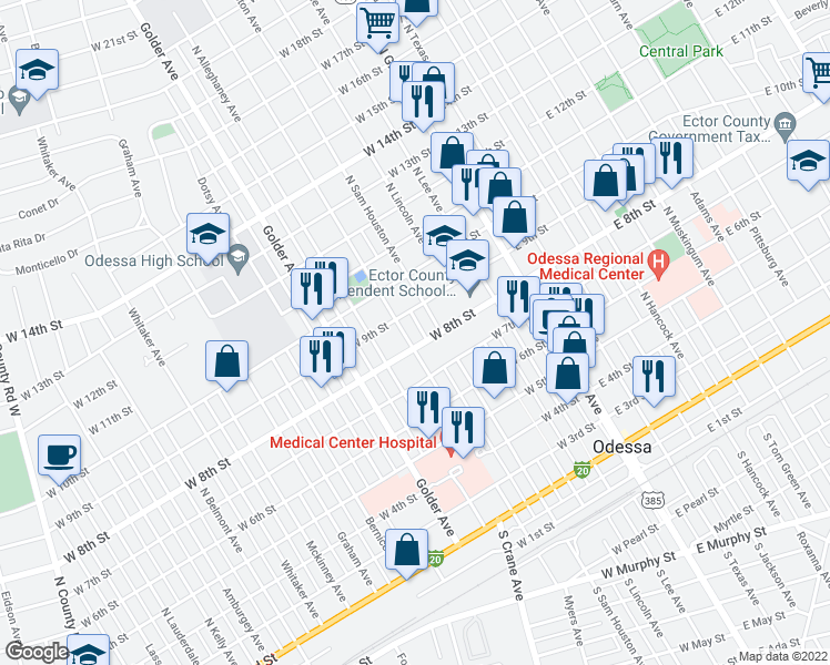 map of restaurants, bars, coffee shops, grocery stores, and more near 804 North Washington Street in Odessa