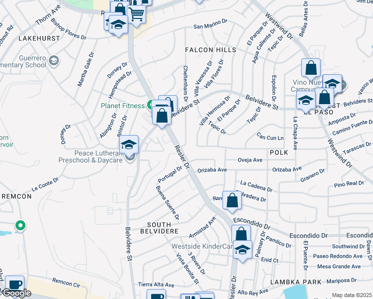 map of restaurants, bars, coffee shops, grocery stores, and more near 7040 Villa Hermosa Drive in El Paso