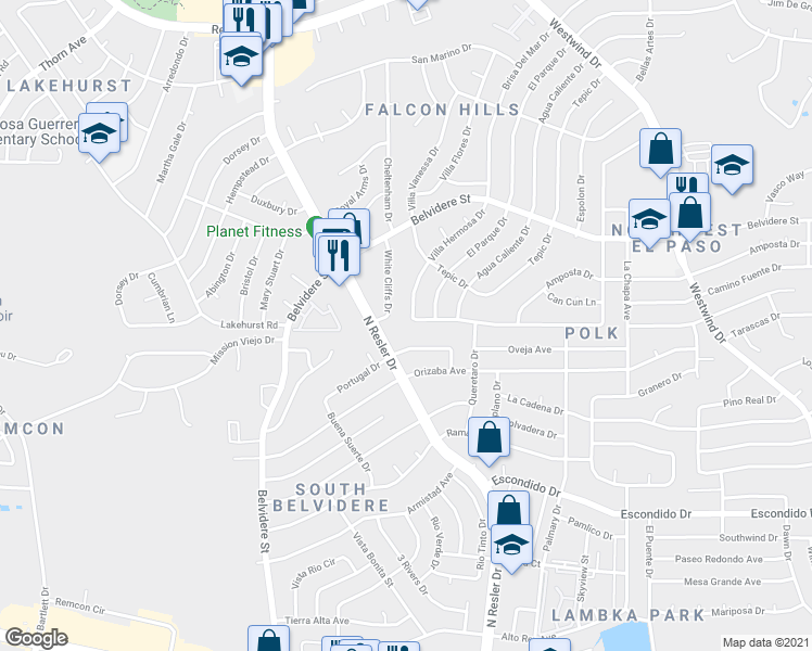 map of restaurants, bars, coffee shops, grocery stores, and more near 7040 Villa Hermosa Drive in El Paso
