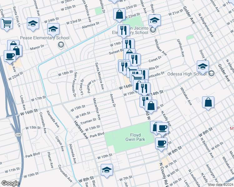 map of restaurants, bars, coffee shops, grocery stores, and more near 2250 West 15th Street in Odessa