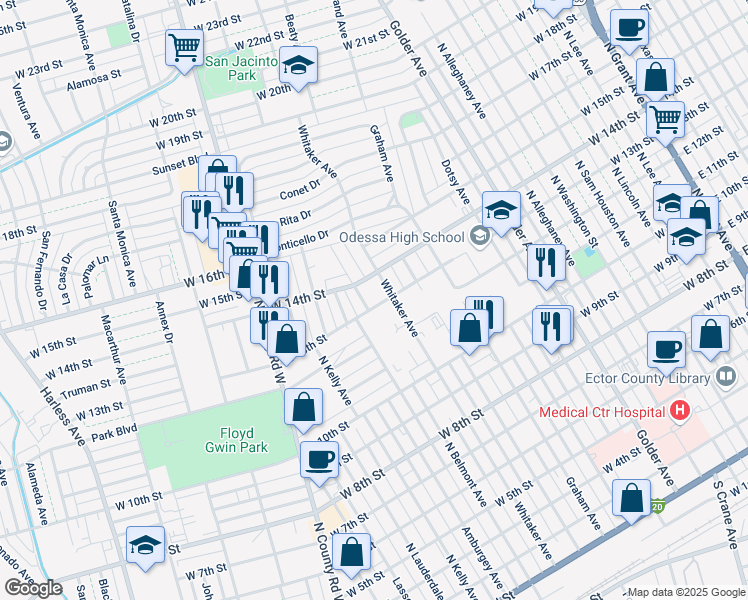 map of restaurants, bars, coffee shops, grocery stores, and more near 1302 West 13th Street in Odessa