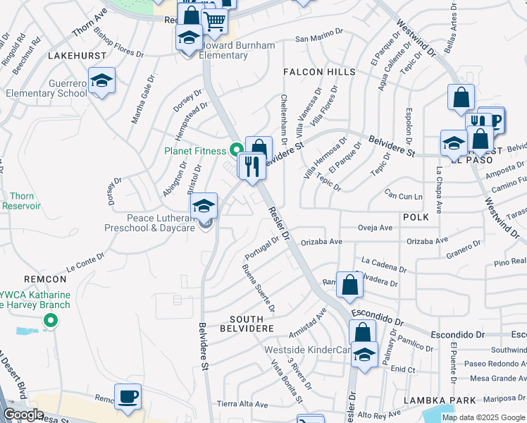 map of restaurants, bars, coffee shops, grocery stores, and more near 601 North Resler Drive in El Paso