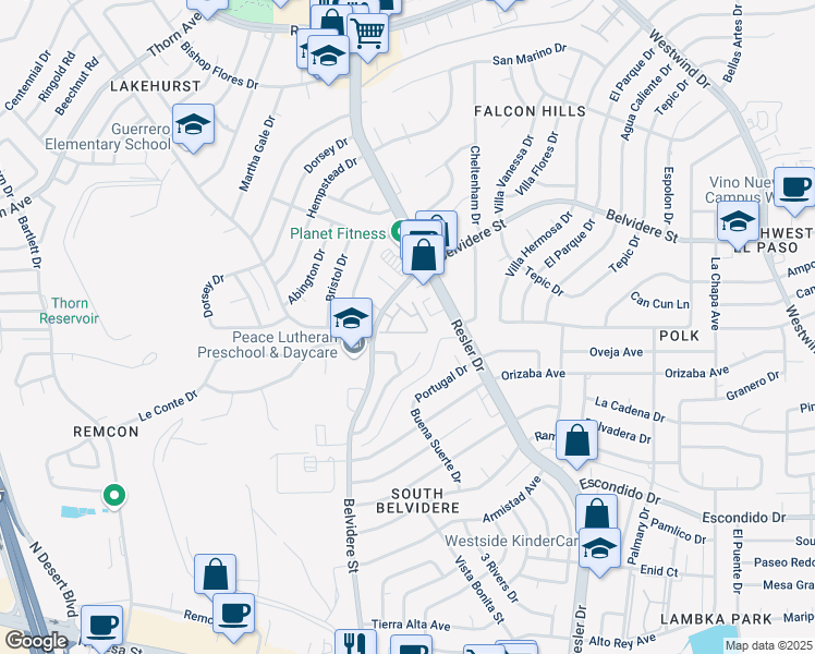 map of restaurants, bars, coffee shops, grocery stores, and more near 600 Belvidere Street in El Paso