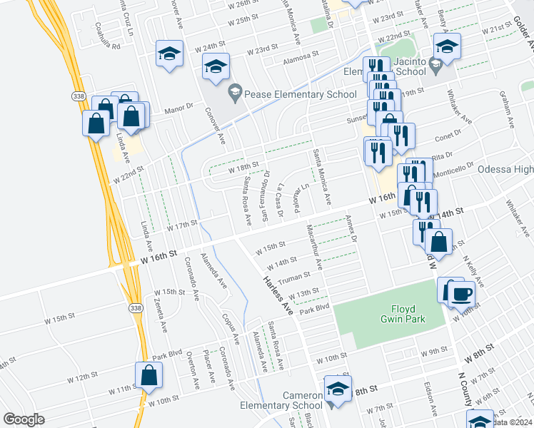 map of restaurants, bars, coffee shops, grocery stores, and more near 1606 San Fernando Drive in Odessa
