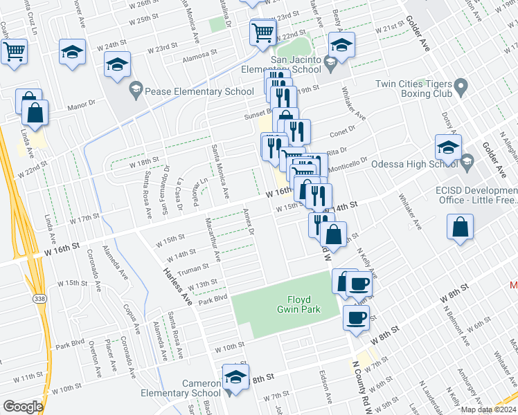map of restaurants, bars, coffee shops, grocery stores, and more near 2250 West 15th Street in Odessa