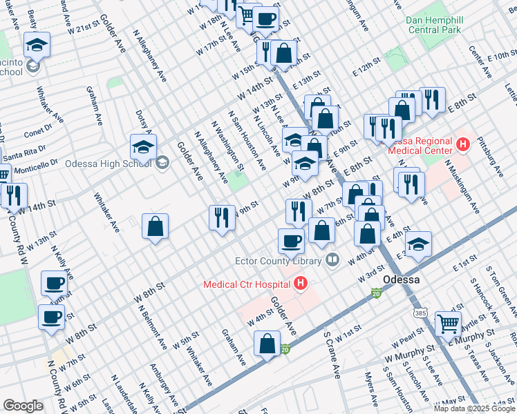map of restaurants, bars, coffee shops, grocery stores, and more near 821 North Washington Street in Odessa