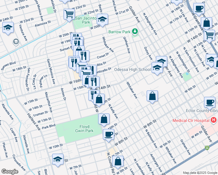 map of restaurants, bars, coffee shops, grocery stores, and more near 1320 North Kelly Avenue in Odessa