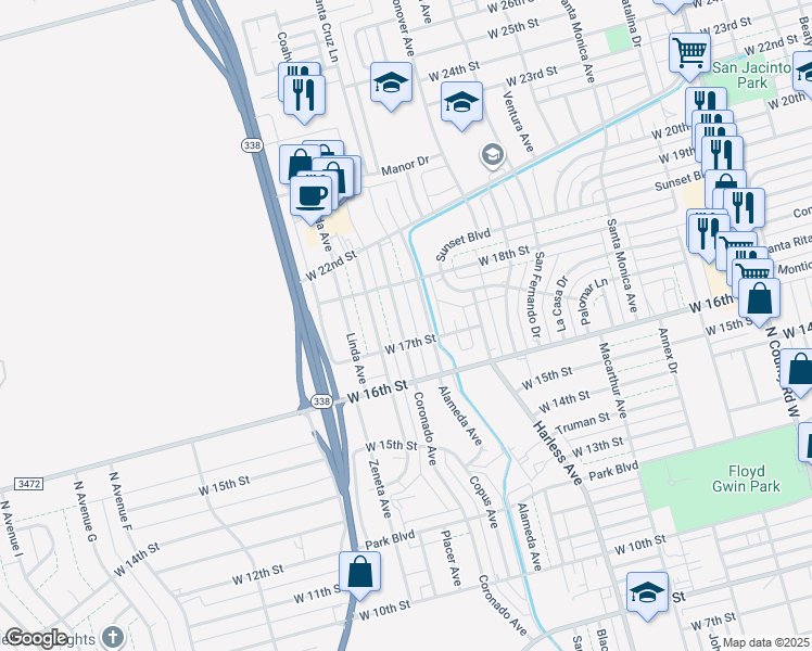 map of restaurants, bars, coffee shops, grocery stores, and more near 1708 Coronado Avenue in Odessa