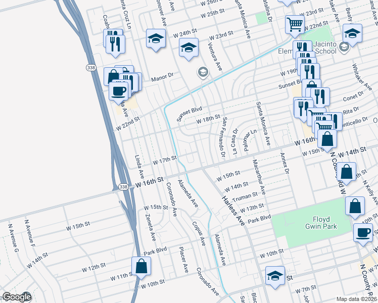 map of restaurants, bars, coffee shops, grocery stores, and more near 1611 Glendale Avenue in Odessa