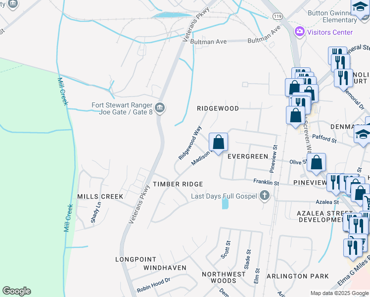 map of restaurants, bars, coffee shops, grocery stores, and more near 844 Ridgewood Way in Hinesville
