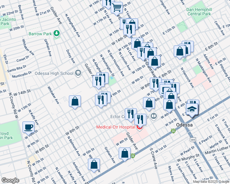 map of restaurants, bars, coffee shops, grocery stores, and more near 514 West 9th Street in Odessa