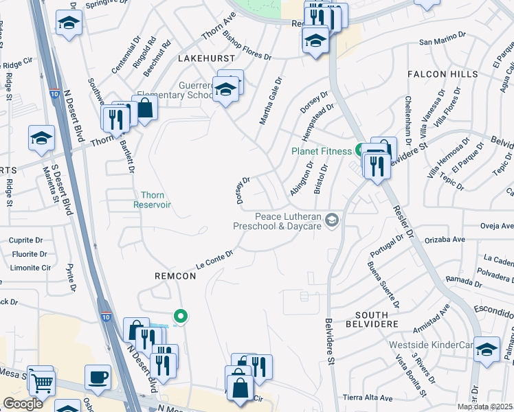 map of restaurants, bars, coffee shops, grocery stores, and more near 523 Dorsey Drive in El Paso