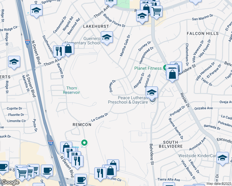 map of restaurants, bars, coffee shops, grocery stores, and more near 523 Dorsey Drive in El Paso