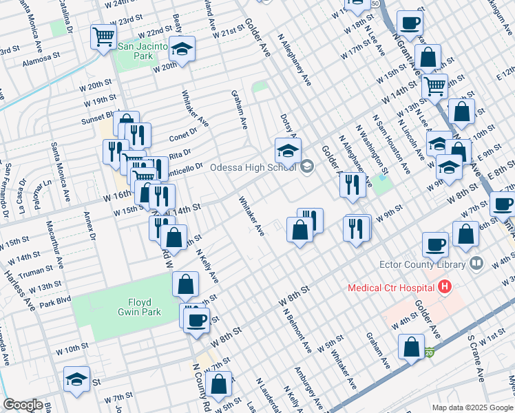 map of restaurants, bars, coffee shops, grocery stores, and more near 1111 West 13th Street in Odessa