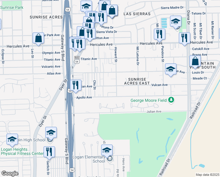 map of restaurants, bars, coffee shops, grocery stores, and more near 4662 Vulcan Avenue in El Paso