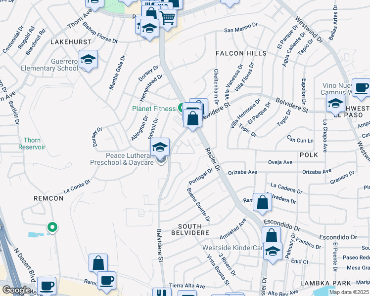map of restaurants, bars, coffee shops, grocery stores, and more near 600 Belvidere Street in El Paso
