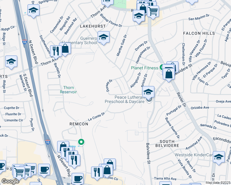 map of restaurants, bars, coffee shops, grocery stores, and more near 523 Dorsey Drive in El Paso
