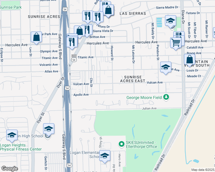 map of restaurants, bars, coffee shops, grocery stores, and more near 4662 Vulcan Avenue in El Paso