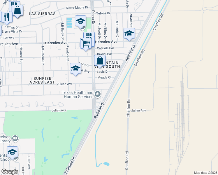 map of restaurants, bars, coffee shops, grocery stores, and more near 5037 Riley Court in El Paso