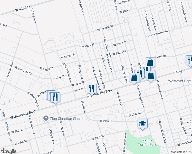 map of restaurants, bars, coffee shops, grocery stores, and more near 3000 North Ambassador Avenue in Odessa