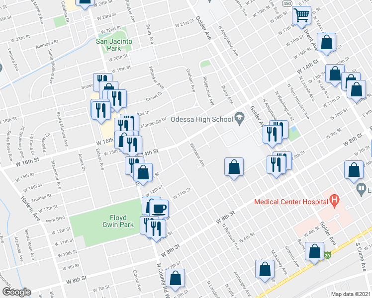 map of restaurants, bars, coffee shops, grocery stores, and more near 1302 West 13th Street in Odessa