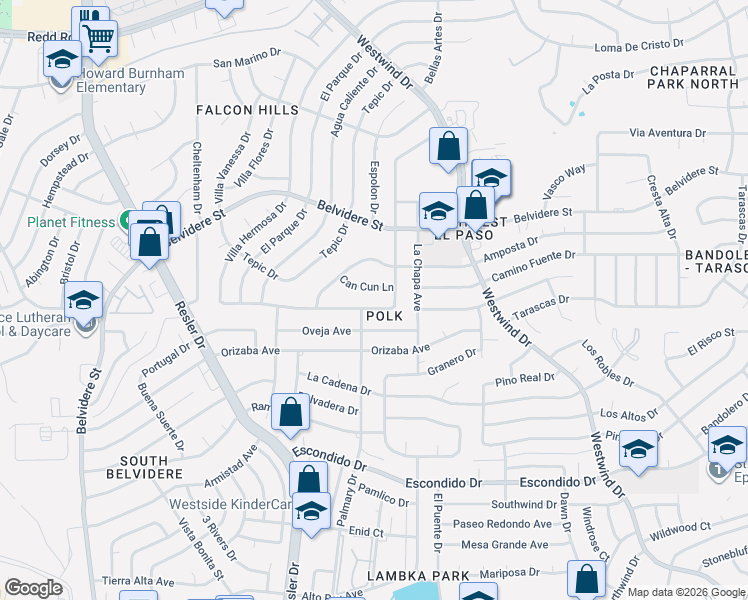map of restaurants, bars, coffee shops, grocery stores, and more near 6853 Villa Hermosa Drive in El Paso