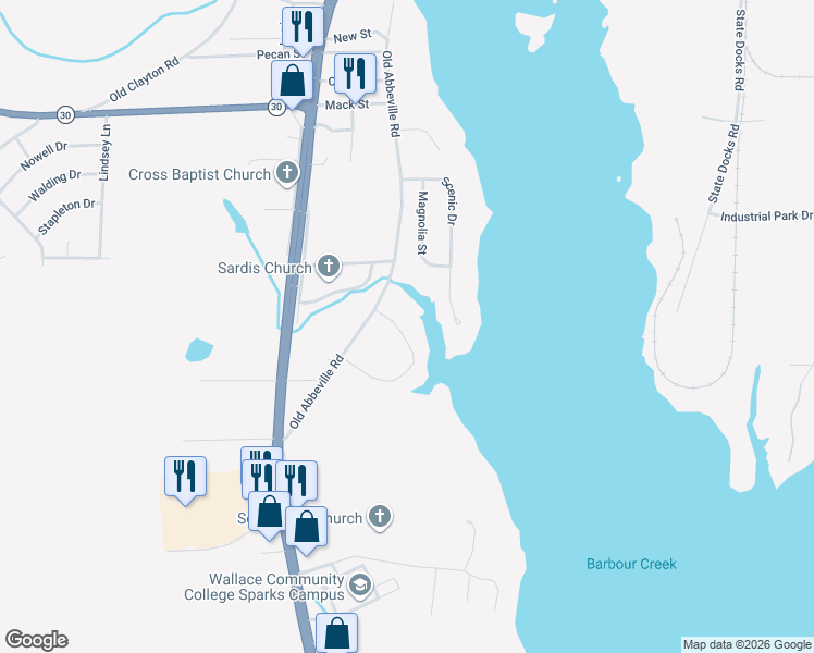 map of restaurants, bars, coffee shops, grocery stores, and more near 282 Ann Drive in Eufaula