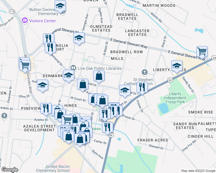 map of restaurants, bars, coffee shops, grocery stores, and more near 205 East Memorial Drive in Hinesville