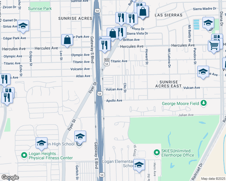 map of restaurants, bars, coffee shops, grocery stores, and more near 4430 Vulcan Avenue in El Paso