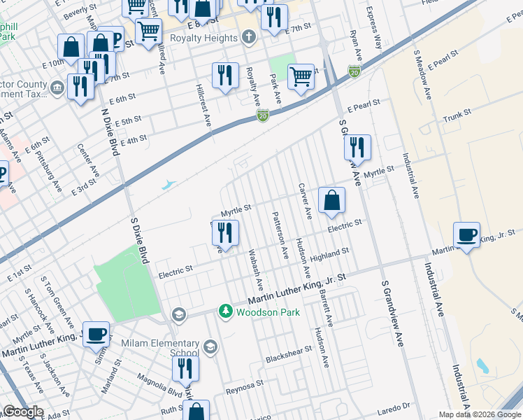 map of restaurants, bars, coffee shops, grocery stores, and more near 304 Fitch Ave in Odessa