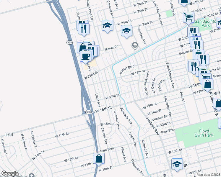 map of restaurants, bars, coffee shops, grocery stores, and more near 1708 Coronado Avenue in Odessa