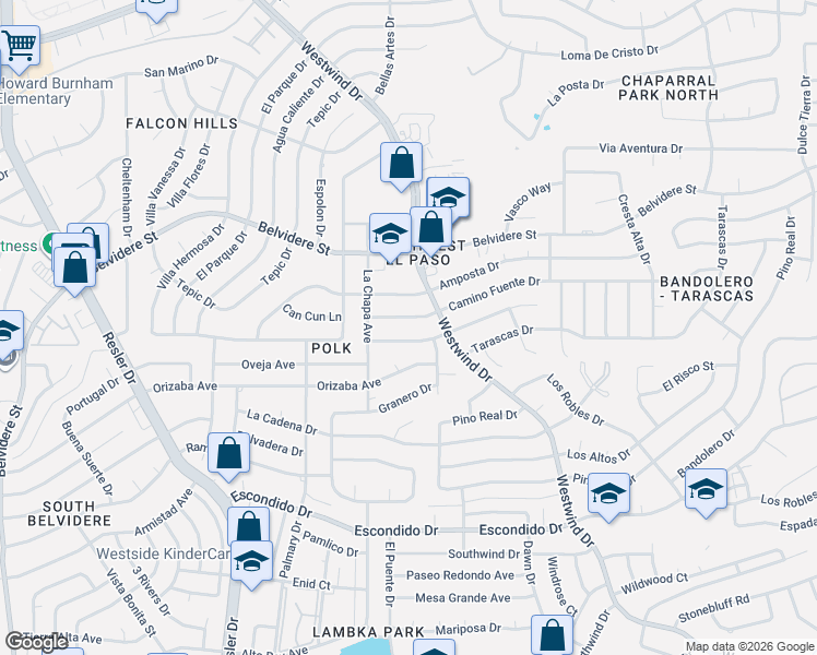 map of restaurants, bars, coffee shops, grocery stores, and more near 6717 Cresta Bonita Drive in El Paso