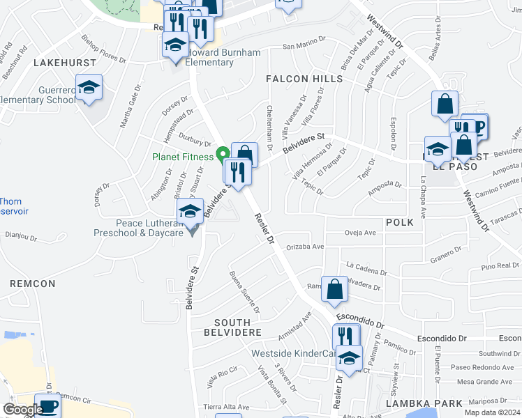 map of restaurants, bars, coffee shops, grocery stores, and more near 601 North Resler Drive in El Paso