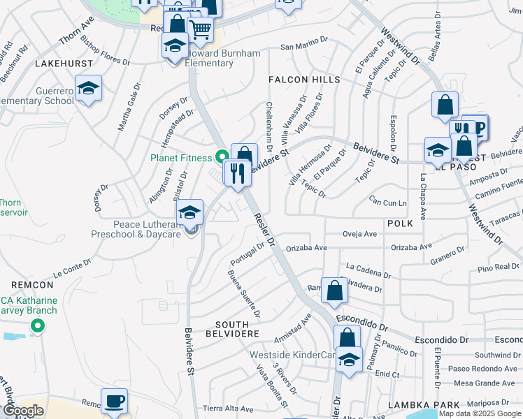 map of restaurants, bars, coffee shops, grocery stores, and more near 601 North Resler Drive in El Paso
