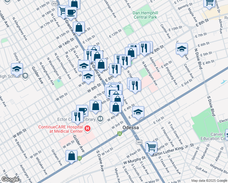 map of restaurants, bars, coffee shops, grocery stores, and more near in Odessa