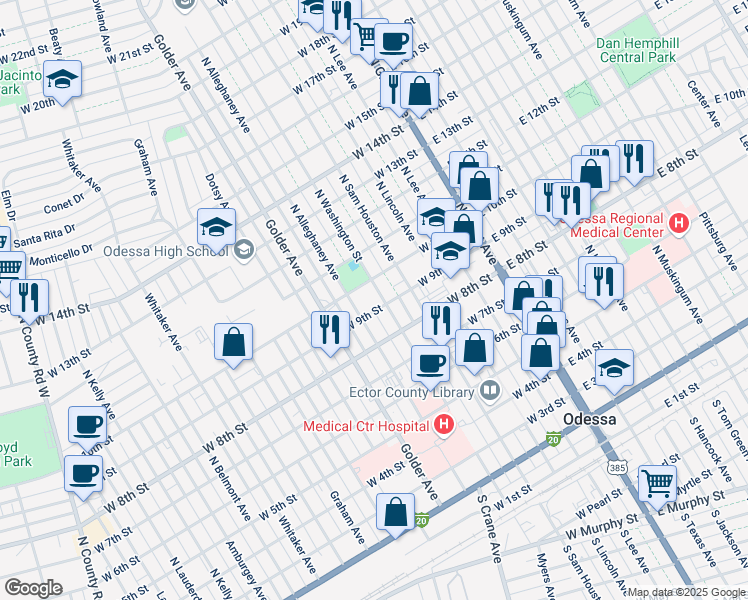 map of restaurants, bars, coffee shops, grocery stores, and more near 821 North Washington Street in Odessa
