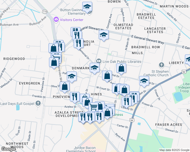 map of restaurants, bars, coffee shops, grocery stores, and more near in Hinesville