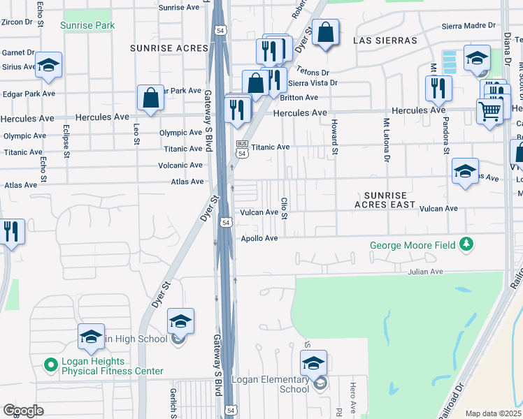 map of restaurants, bars, coffee shops, grocery stores, and more near 4430 Vulcan Avenue in El Paso