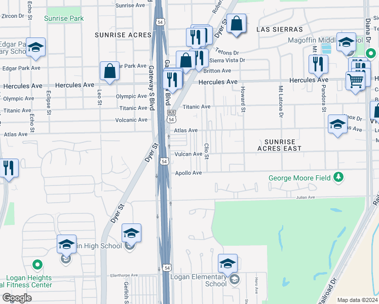 map of restaurants, bars, coffee shops, grocery stores, and more near 4430 Vulcan Avenue in El Paso