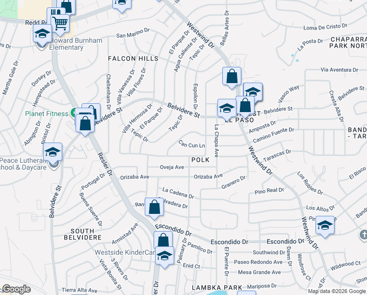 map of restaurants, bars, coffee shops, grocery stores, and more near 6900 Villa Hermosa Drive in El Paso