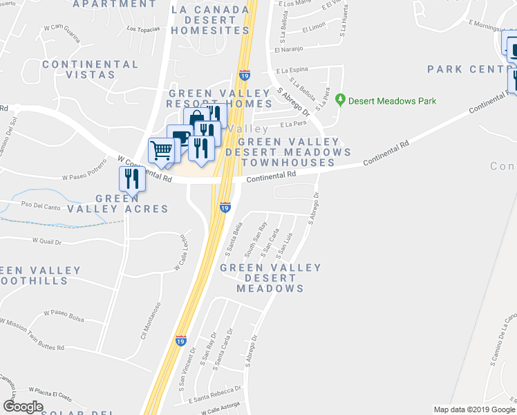 map of restaurants, bars, coffee shops, grocery stores, and more near 17 East Santa Belia in Green Valley