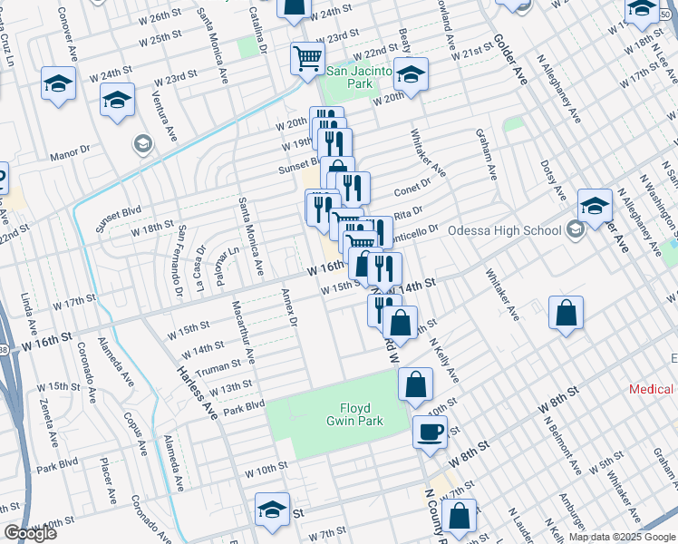 map of restaurants, bars, coffee shops, grocery stores, and more near 2007 West 15th Street in Odessa