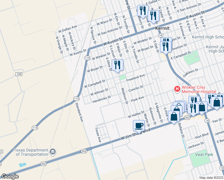 map of restaurants, bars, coffee shops, grocery stores, and more near 815 Hendricks St in Kermit