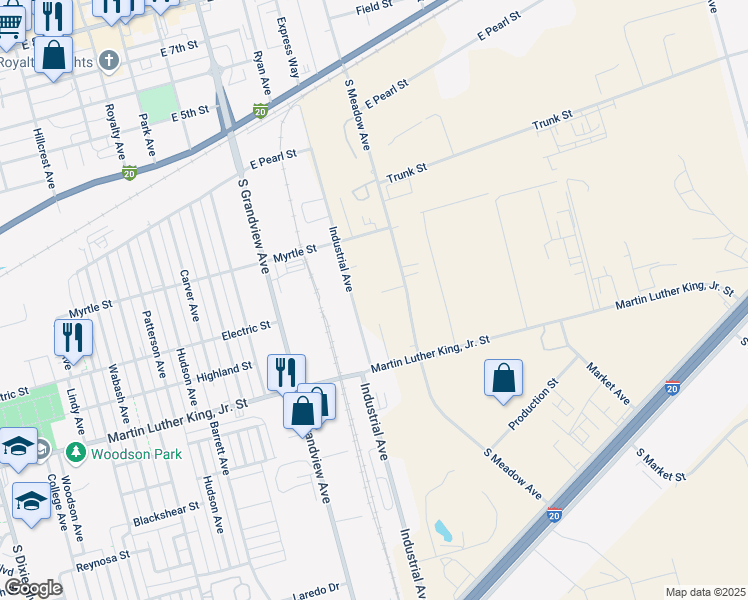 map of restaurants, bars, coffee shops, grocery stores, and more near 506 South Meadow Avenue in Odessa