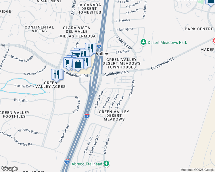 map of restaurants, bars, coffee shops, grocery stores, and more near 9 East Santa Belia in Green Valley