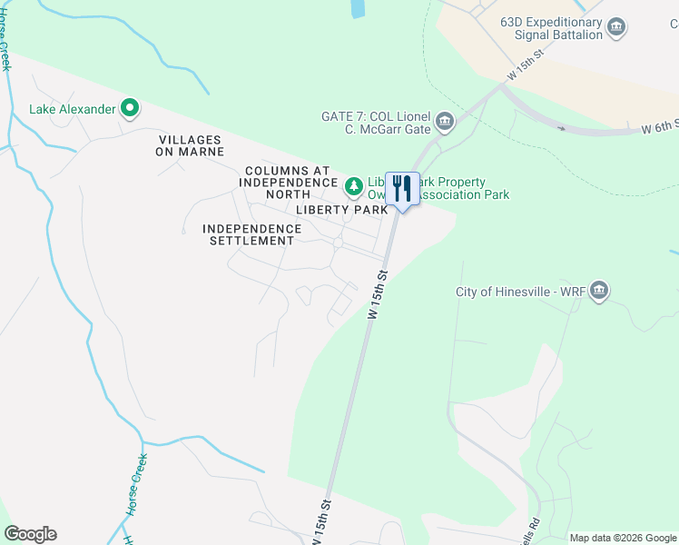 map of restaurants, bars, coffee shops, grocery stores, and more near 501 Burke Drive in Hinesville