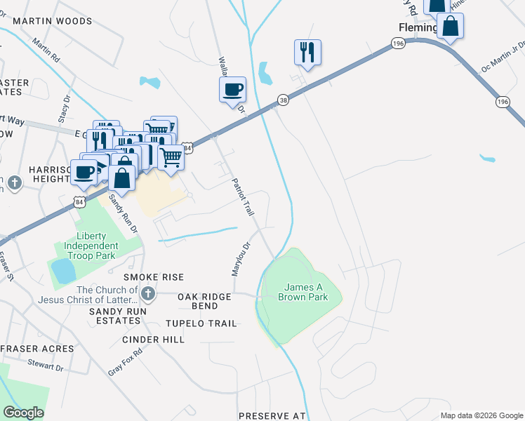 map of restaurants, bars, coffee shops, grocery stores, and more near Patriot Trail in Hinesville