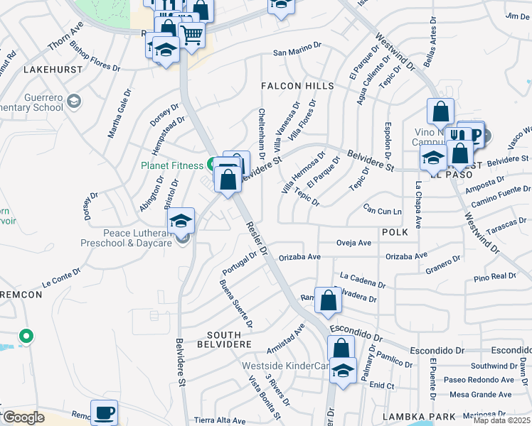map of restaurants, bars, coffee shops, grocery stores, and more near 7040 Villa Hermosa Drive in El Paso